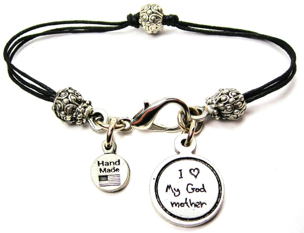 I Love My Godmother Child Handwriting Beaded Black Cord Bracelet