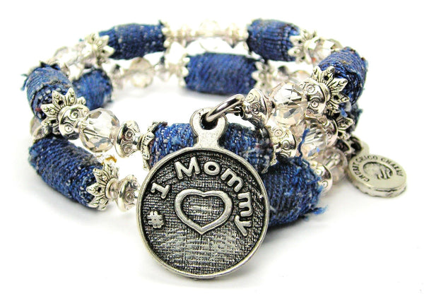 #1 Mommy Blue Jean Distressed Denim Bead Wrap Bracelet - Bracelets - Chubby Chico Charms