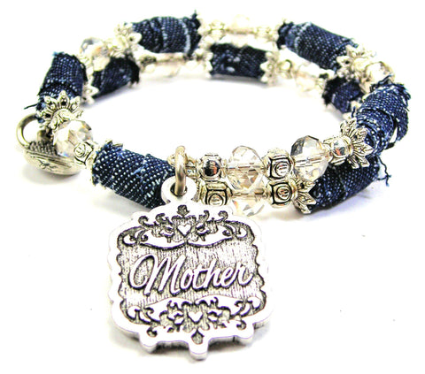 Mother Victorian Scroll Blue Jean Beaded Wrap Bracelet