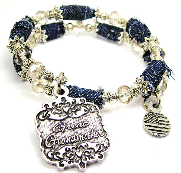 Great Grandmother Victorian Scroll Blue Jean Beaded Wrap Bracelet