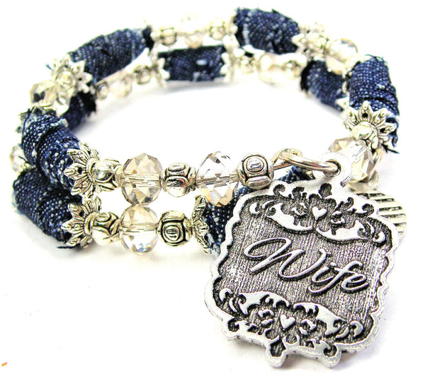 Wife Victorian Scroll Blue Jean Beaded Wrap Bracelet