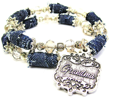 Great Aunt Victorian Scroll Blue Jean Beaded Wrap Bracelet