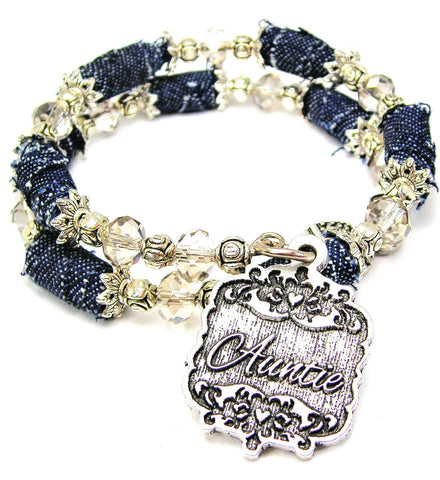 Auntie Victorian Scroll Blue Jean Beaded Wrap Bracelet