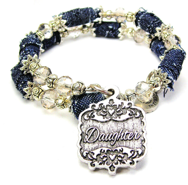 Daughter Victorian Scroll Blue Jean Beaded Wrap Bracelet