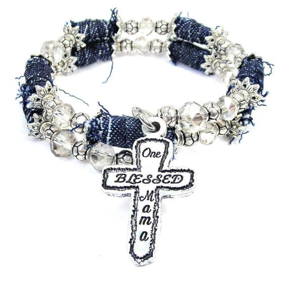 #1 Mommy Blue Jean Distressed Denim Bead Wrap Bracelet - Bracelets - Chubby Chico Charms