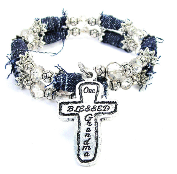 #1 Mommy Blue Jean Distressed Denim Bead Wrap Bracelet - Bracelets - Chubby Chico Charms