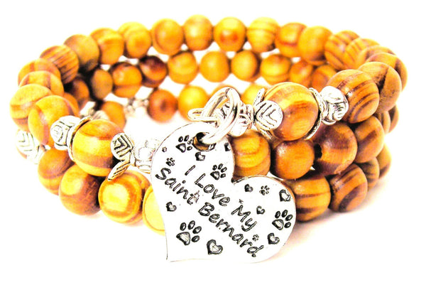 I Love My Saint Bernard Natural Wood Wrap Bracelet