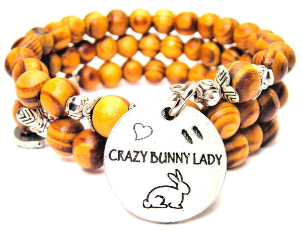 Crazy Bunny Lady Natural Wood Wrap Bracelet