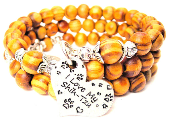 I Love My Shih-Tzu Natural Wood Wrap Bracelet