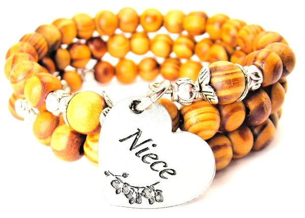 Niece Heart With Flowers Natural Wood Wrap Bracelet