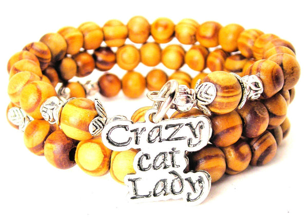 Crazy Cat Lady Natural Wood Wrap Bracelet