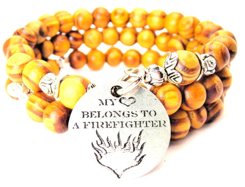 My Heart Belongs To A Firefighter Circle Natural Wood Wrap Bracelet