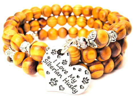 I Love My Siberian Husky Natural Wood Wrap Bracelet