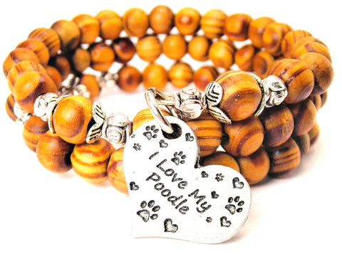 I Love My Poodle Natural Wood Wrap Bracelet