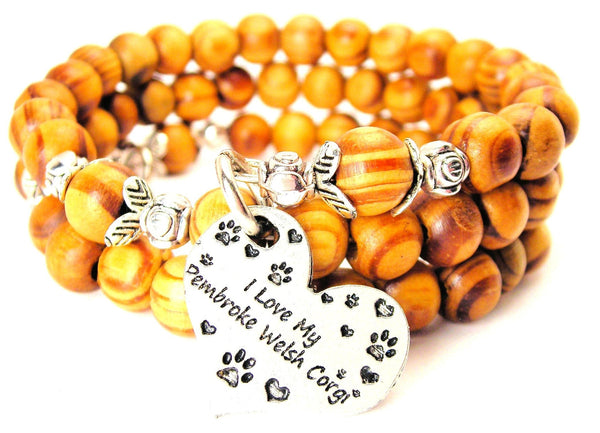 I Love My Pembroke Welsh Corgi Natural Wood Wrap Bracelet