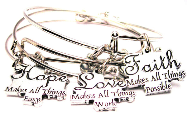 3 Piece Hope Love Faith Trio Expandable Bangle Bracelet Set