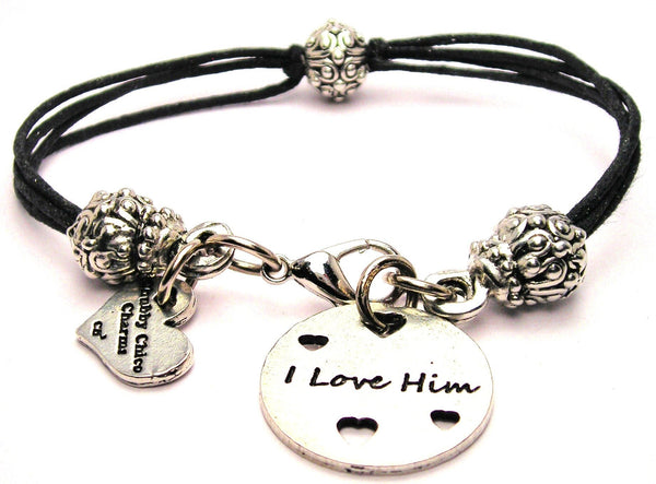 I Love Him With Hearts Beaded Black Cord Bracelet