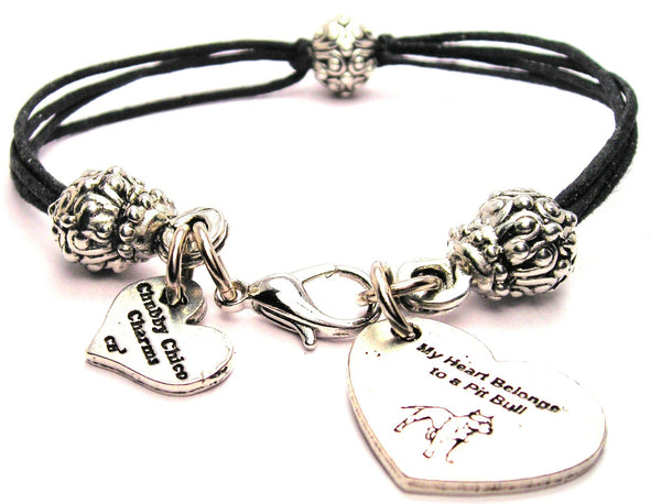 My Heart Belongs To A Pit Bull Beaded Black Cord Bracelet