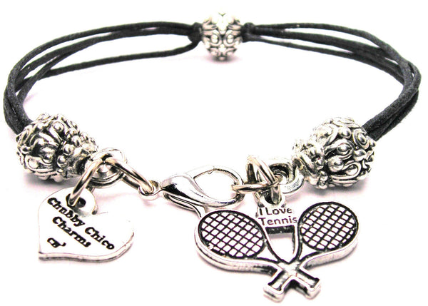 I Love Tennis With Crossed Racquets Beaded Black Cord Bracelet