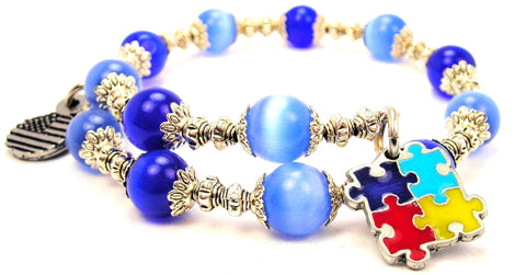 Hand Painted Autism Puzzle Pieces Cat's Eye Beaded Wrap Bracelet