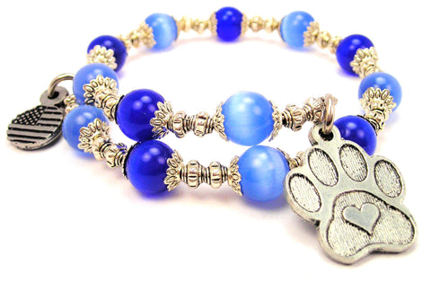 Center Heart Paw Print Cat's Eye Beaded Wrap Bracelet