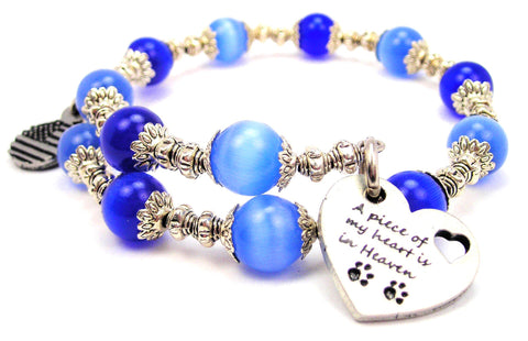 A Piece Of My Heart Is In Heaven With Paw Prints Cat's Eye Beaded Wrap Bracelet