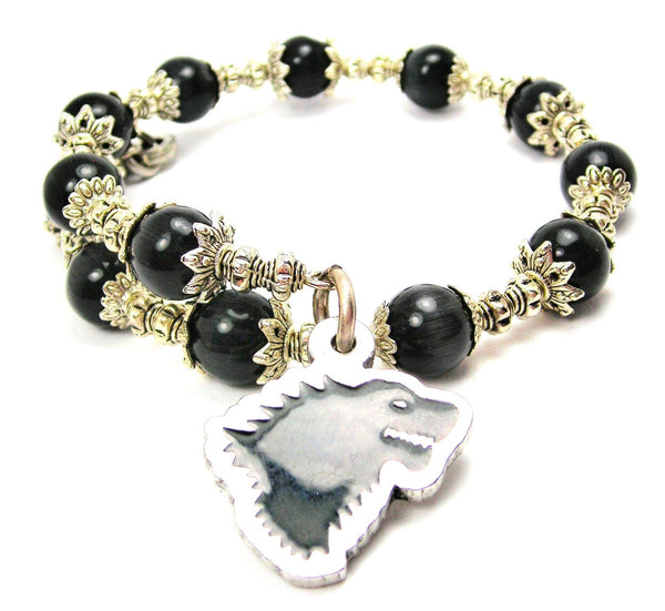 Black Dire Wolf Hand Painted Circle Cat's Eye Beaded Wrap Bracelet