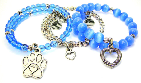 Center Heart Paw Print 3 Piece Wrap Bracelet Set Cats Eye Glass And Pewter