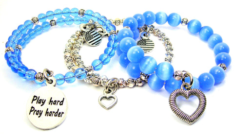 Play Hard Pray Harder 3 Piece Wrap Bracelet Set Cats Eye Glass And Pewter