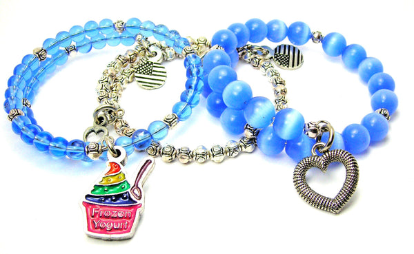 Frozen Yogurt Rainbow Epoxy 3 Piece Wrap Bracelet Set Cats Eye Glass And Pewter