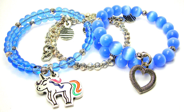 Adorable Unicorn Rainbow Epoxy 3 Piece Wrap Bracelet Set Cats Eye Glass And Pewter