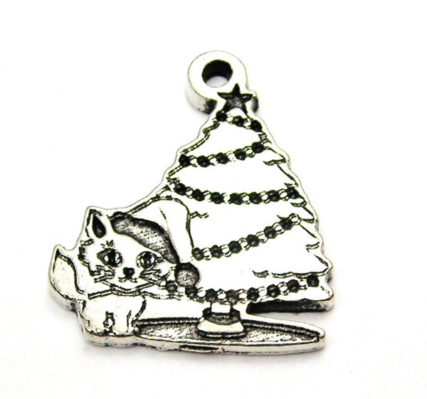 Kitten Under The Christmas Tree Genuine American Pewter Charm