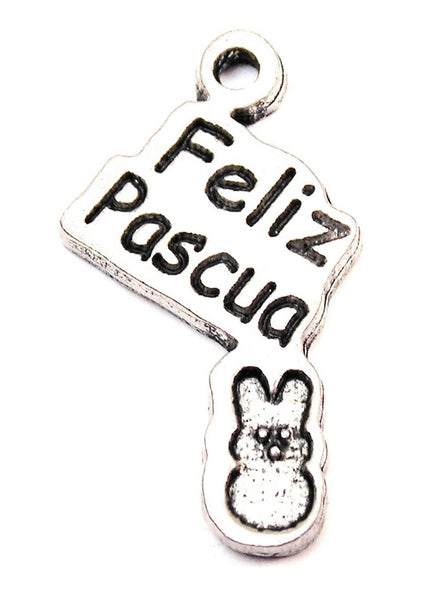 Feliz Pascua With Marshmallow Bunny Genuine American Pewter Charm