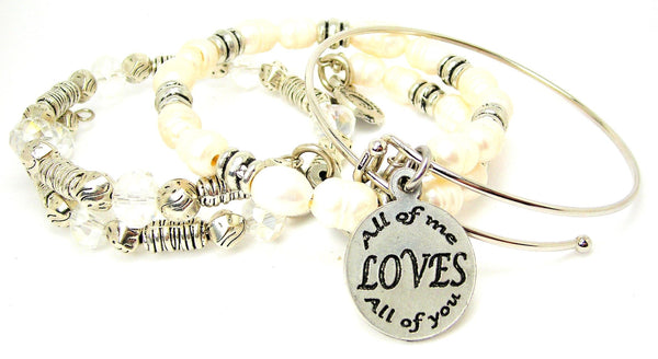 All of me loves all of you 3 piece pearls, metal, and crystal collection of bangles