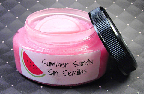 Summer sandia sin semillas body sugar scrub with a watermelon wedge soap embed part of our Latina line