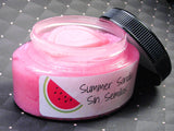 Summer sandia sin semillas body sugar scrub with a watermelon wedge soap embed part of our Latina line