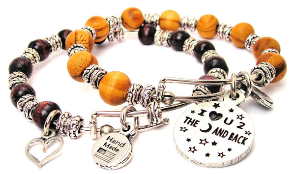 I Love U 2 The Moon And Back Natural Wood Double Bangle Set