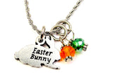 Easter Bunny Necklace with orange and green carrot colored crystals. 20" stainless steel chain.