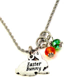 Easter Bunny Necklace with orange and green carrot colored crystals. 20" stainless steel chain.