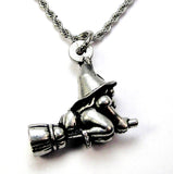 Haunted Witch Gnome Riding her Broom 3D  Charm Necklace