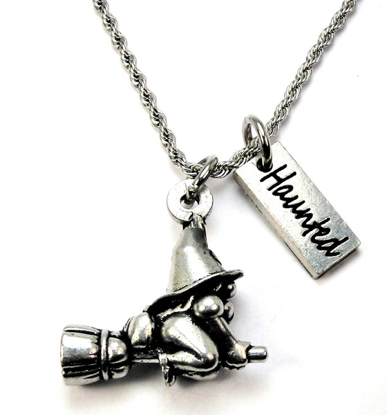 Haunted Witch Gnome Riding her Broom 3D  Charm Necklace