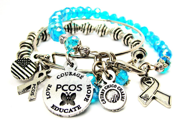 3 Piece PCOS Awareness Ribbon Buterfly Trio Expandable Bangle Bracelet Set