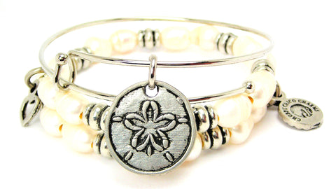 Sand Dollar Fresh Water Pearls Expandable Bangle Bracelet Set