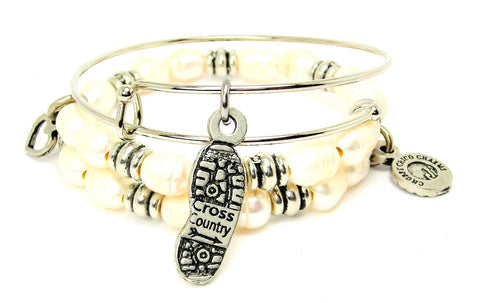 Cross Country Shoe Print Fresh Water Pearls Expandable Bangle Bracelet Set