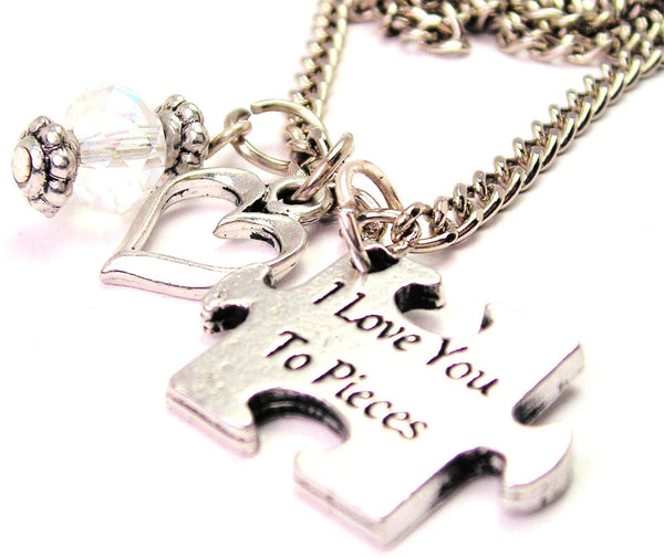 I Love You To Pieces Autism Puzzle Piece Necklace with Small Heart