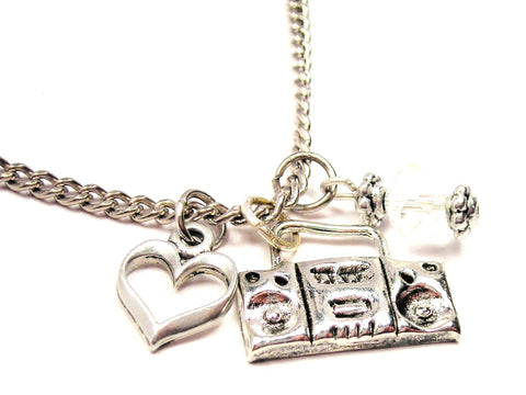 Retro Boom Box Radio Necklace with Small Heart