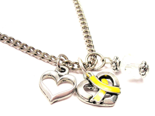 Hand Painted Heart With Awareness Wrapped Around It Yellow Necklace with Small Heart