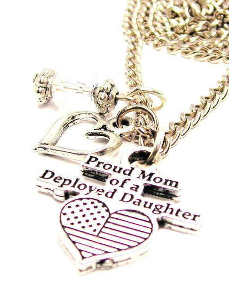 Proud Mom Of A Deployed Daughter With American Flag Heart And Crystal Necklace