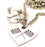 Crossed Race Flags In A Heart Necklace with Small Heart