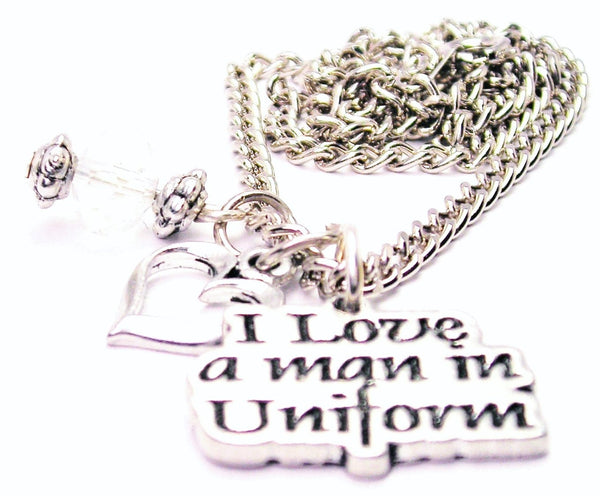 I Love A Man In Uniform Heart And Crystal Necklace